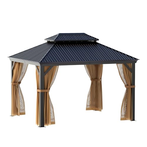 SUNBURY 10'x 12' Hardtop Gazebo, Outdoor Aluminum Frame Gazebos with Double Roofs, Outdoor Metal Canopy with Mosquito Netting and Privacy Screen for Patio, Backyard, Lawn, Garden, Deck (Gray) - Image 9