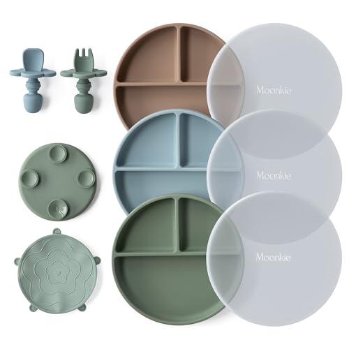 Moonkie Platos Bebe Silicona, 3 Piezas Antivuelco Con Tenedor y Cuchara, Ventosa, Apto para Lavavajillas, Refrigeradores y Microondas (Taupe Cálido/Azul Claro/Verde Grisáceo)