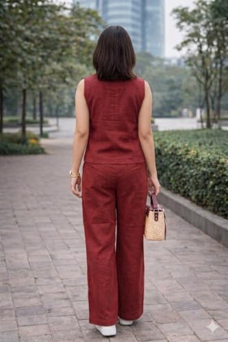 Image of Lyssa Yellow Ember Embroidered Co-Ord Set for Women, Sleeveless Vest with Wide-Leg Trousers