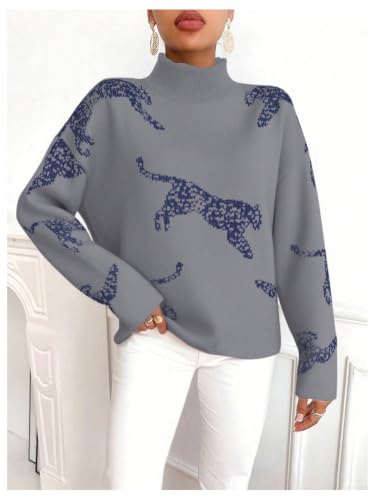 Image of WDIRARA Women's Leopard Tiger Print Sweater High Neck Long Sleeve Fuzzy Knitted Pullover Top