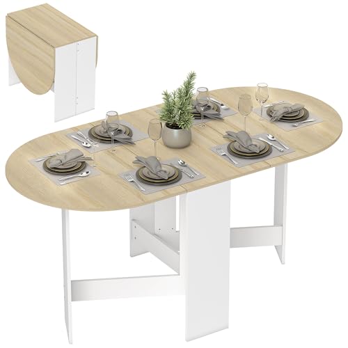 HOMCOM Mesa Plegable de Comedor, Mesa de Cocina Plegable Ovalada, 163x80x75 cm con Alas Abatibles, hasta 6 Personas, para Comedor, Salón, Espacio Pequeño, Natural