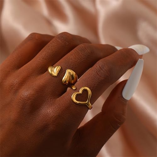 Gold Stackable Rings for Women Non Tarnish,14K Gold Plated 2Pcs Cute Heart Finger Rings Chunky Love Heart Promise Ring Pack Statement Wedding Prom Jewelry2
