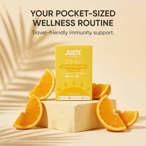 Image of Justt Essentials D3+K2 Vitamin D3 Oral Strips (Pack of 2), 600 IU, Orange Burst Flavour, Fast Dissolving, Sugar-Free, 60 Strips