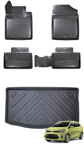 BMY MOTORS Car Floor Mats + Cargo Liner Compatible for Kia Picanto 2018-2022 Black | Front & Rear Full Set Trunk Mat with Floor Mats | Waterproof | All Weather | High Tech Mat | Car Accessories