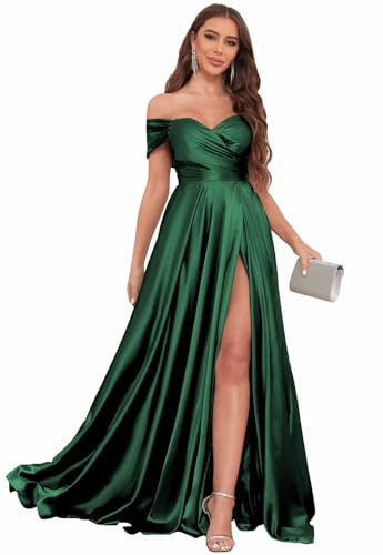 Image of SOLODISH Off The Shoulder Satin Prom Dresses for Women Long Formal Evening Party Dress with Slit