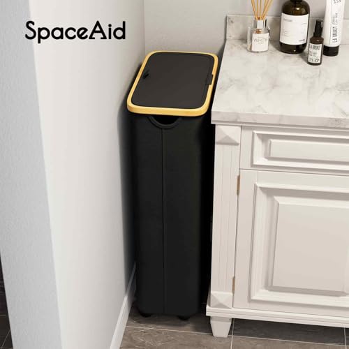 SpaceAid Slim Laundry Hamper with Wheels and Lid,62L Rolling Narrow Clothes Basket with Bamboo Handle, Large Laundry Hamper for Bedroom, Bathroom, Dorm, Laundry Room - Black
