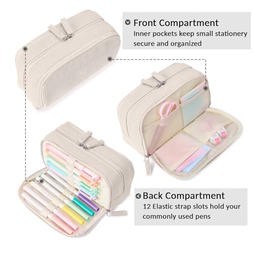 Image of Sooez Big Capacity Pencil Case Pen Pouch, Soft Corduroy Pencil Bag with 3 Compartment, Multiple Pockets, Sturdy Zipper, Cute School Supplies Pen Bag Organizer For Teen Girls College, Beige