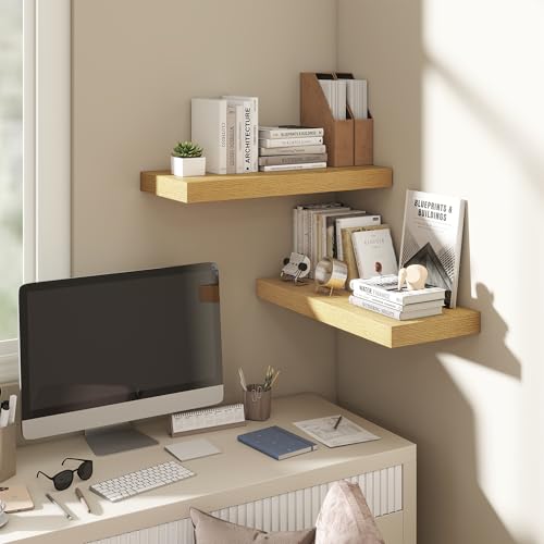 Image of Dreamland Floating Shelves for Wall,8 Inch Deep Floating Shelves,24 inch W x 8 inch D Wall Shelves for Bedroom, Living Room, Kitchen, Bathroom,Oak Color,Set of 2