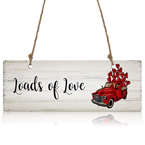 Beauty Decor Hanging Wall Decoration Red Love Heart With Truck On Vintage Wooden Texture Living Room Decorative Plaque，Wall Art Sign For Front Door Kitchen Outdoor 3.9" X 11" #TOP22