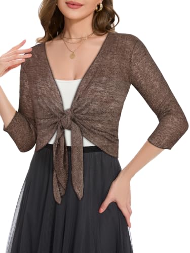 Image of Women Crop Cardigan Sheer Mesh Bolero Shrug for Dress Tie Front 3 /4 Sleeve Tops