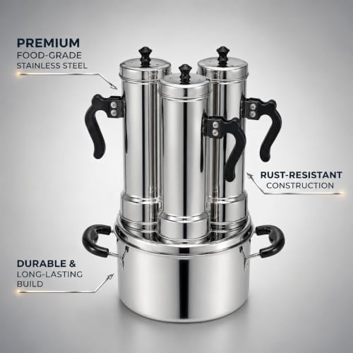 Image of Nakshathra Stainless Steel Puttu Maker with Steamer 3 Plus 1 Free Extra Big with Caps, Puttu Kudam with Bakelite Handle, Induction & Gas Compatible, Toxin Free