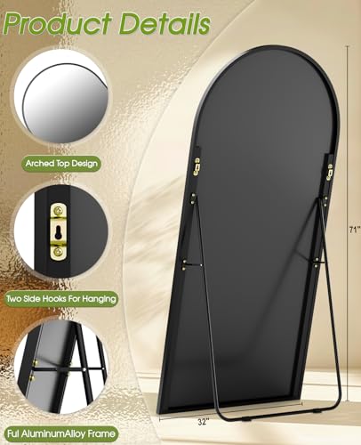 Image of 71 inchx32 inch Floor Mirror Full Length, Arched Full Length Mirror with Stand, Large Full Body Mirrors for Bedroom Living Room or Cloakroom Black