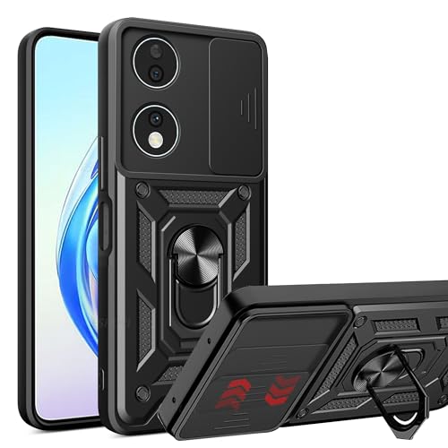 Image of Casodon Heavy Duty Back Case Cover for Honor X7B 5G, Shockproof Honor X7B Back Cover, Ring Case with Kickstand and Camera Protection Shutter - Black