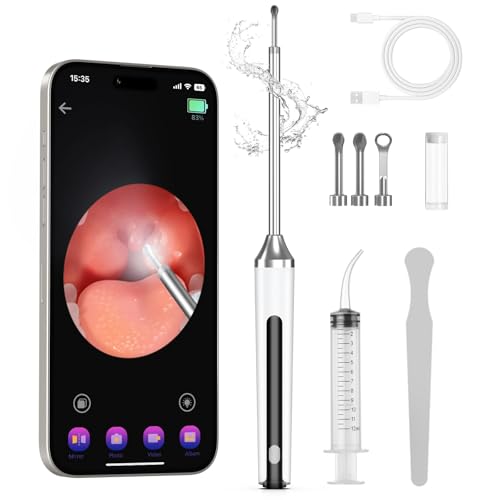 Tonsil Stone Remover with Camera - 1296P HD Larger View & Clearer Images Tonsil Stone Remover Kit with LED Light Tonsillolith Removal Tool Tonsil Cleaner with 3 Heads, Tonsil Stone Syringe (White)