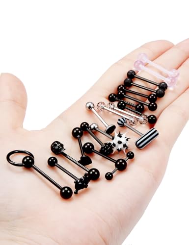 Black 14g Metal Plastic Silicone Tongue Rings Piercing Jewelry for Women Men Surgical Stainless Steel2