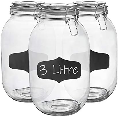 Argon Tableware 3x 3000ml (3 Litre) Clear Glass Storage Jars with Chalkboard Labels Clear Airtight Silicone Seal and Metal Clip Lids - 105.5oz Large Empty Kitchen Containers