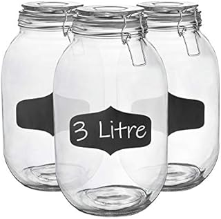 Argon Tableware 3x 3000ml (3 Litre) Clear Glass Storage Jars with Chalkboard Labels Clear Airtight Silicone Seal and Metal Clip Lids - 105.5oz Large Empty Kitchen Containers