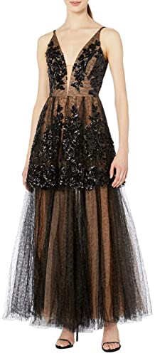 Dress the Population Women's Rachelle Sleeveless Sequin Tulle Fit & Flare Long Ballgown Dress, Blacknude, XX-Small