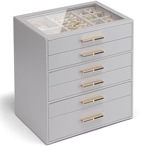 Vlando Jewellery Box for Women, Glass Lid Jewellery Organiser with 6 Drawers for Ring, Necklace, Earring, Bracelet,Gift for Women,Grey 6 Layer C.grey