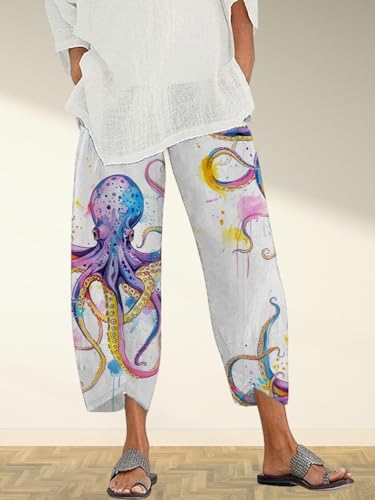 Womens Capris Linen Pants Ocean Japanese Art Printed Baggy Cropped Wide Leg Pallazzo Trousers Fish Pants for Beach2