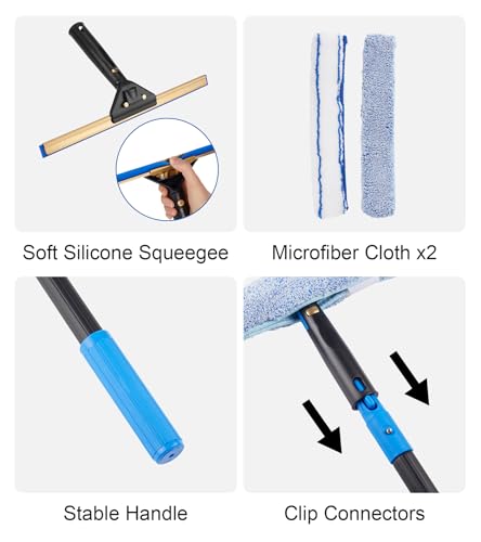 Image of Swivel Squeegee Kit with 4 Extension Poles,Glass Scraper, Bendable Duster, 2 Window Scrubber Cloth for Glass, Car, Floor, Home,Garden