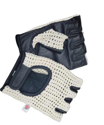 Prime Sports Leather Crochet Fingerless Driving Weight Training Cycling Wheelchair Biker Gloves (Black/White 049, X-Large)