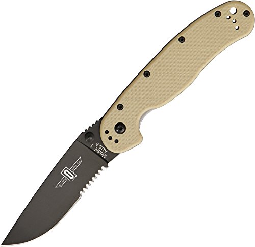Ontario Knife Company Rat I, Black Coated AUS-8 Stainless Steel Half Serrated Folding Pocket Knife, Desert Tan Nylon Handle Liner Lock Knife, Everyday Carry Knife – ON8847DT