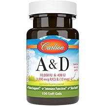 Carlson - A & D, 10000 IU 3000 mcg RAE Vitamin A, 400 IU 10 mcg Vitamin D3, Vision Support, Skin Health, 100 Soft Gels
