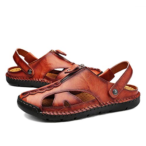 Image of JAMONWU Men's Casual Closed Toe Adjustable Leather Sandals Handmade Fisherman Beach Sandals