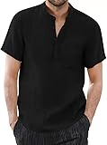 Mens Short Sleeve Henley Shirts Button Casual Daily Shirt Beach Vacation Tee Shirt Slim Fit Linen Tops with Pocekt (Black,Large)