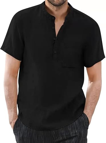 Mens Short Sleeve Henley Shirts Button Casual Daily Shirt Beach Vacation Tee Shirt Slim Fit Linen Tops with Pocekt (Black,Large)