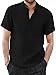 Mens Short Sleeve Henley Shirts Button Casual Daily Shirt Beach Vacation Tee Shirt Slim Fit Linen Tops with Pocekt (Black,Large)