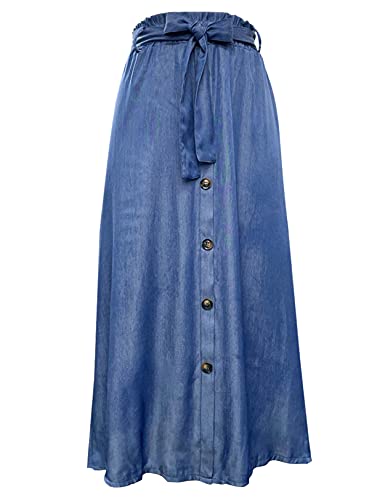 JQJ Denim Skirts for Women Midi Length Linen, Casual High Waist A-Line Midi Skirt Button Front Skirt Dark Blue L