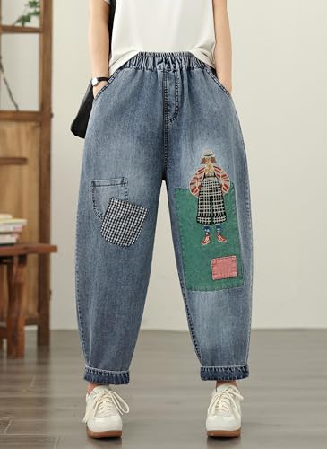 LAI MENG FIVE CATS Women Baggy Jeans Elastic Waist Barrel Denim Loose Harem Ankle Pants3