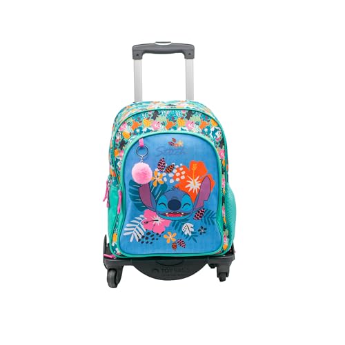ToyBags Zaino scuola Stitch Tropical - Doppio scomparto - con accessorio POM-POM - adattabile + carrello nero protezione laterale e stopper anteriore anti caduta 4 ruote girevoli - 44 x 30 x 20 cm