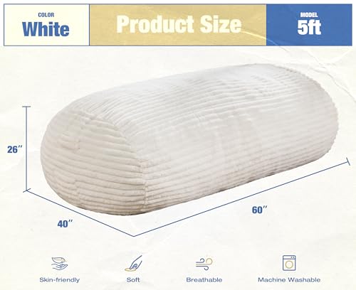 Image of Hobestluk 5FT Bean Bag Chairs Adult Bean Bag with Portable Handle Comfy Large Bean Bag Lounge Chair with Removable Cover for Living Room Bedroom (Stripe White, 5FT)