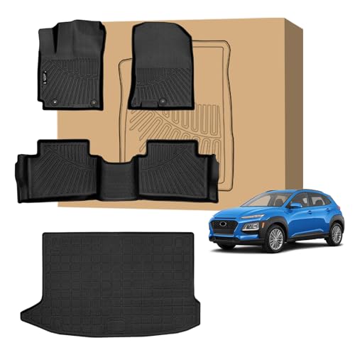 PELEUS Floor Mats for Hyundai Kona 2018-2023, All-Weather TPE Car Liners for Hyundai Kona Accessories, Custom Fit 1st & 2nd Row Floor Mats and Cargo Trunk Liner Set, Black