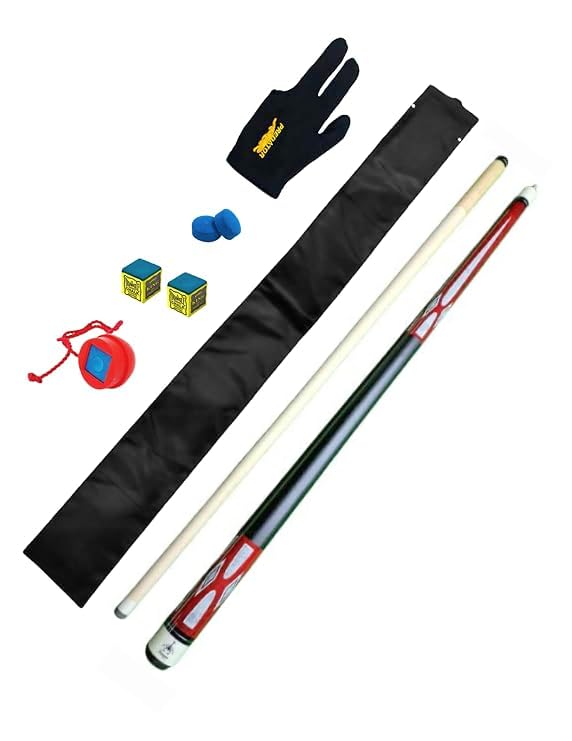 KBA American Pool Billiard Cue Stick Combo, 12mm Tip Size with Cue Cover, Glove & Rubber Chalk Holder, Two Cue Tip & Chalk (Red)