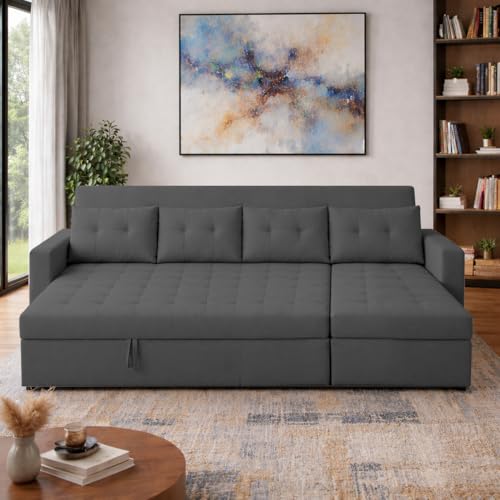 Image of Emilio 6 Seater RHS L - Shape Pull-Out Sofa Cum Bed Sofa for Living Room (Black Fabric Color) Premium Fabric Sofa Set for Living Room Sofa Cum Bed
