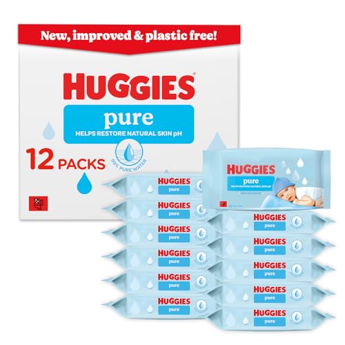 Huggies Pure Plastic Free Baby Wipes - Pack of 12 (576 Wipes) – 99% Water Wet Wipes, Fragrance Free, Hypoallergenic, Better Cleaning, Soft and Gentle on Babies' Delicate Skin