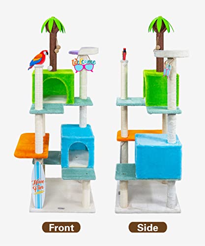 Hyabi 70.8 Inch Hawaii Novelty Coconut Tree Parrot Glasses Surfboard Cat Tree Tower Condo Furniture Apartment Plush Platform With Scratch Posts Toy Ball Pet House Play For Indoor Cats (Large 70.8" H) #TOP3