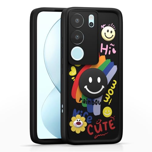 Image of Pikkme Back Cover for Vivo V29 5G / V29 Pro 5G | Soft Silicone| Cute Rainbow Smile & 3D Cartoon Flower Design | Shockproof Raised Camera Protection Bumper Case (Black)