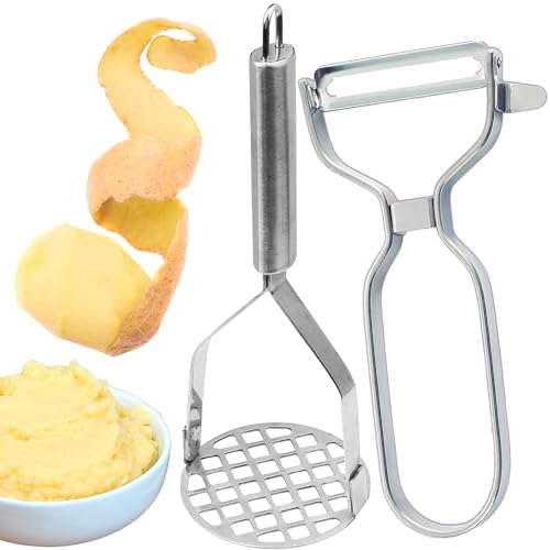 Machacador de patatas y Pelador de patatas - Utensilios de cocina - Pasapures de acero anoxidable de Alta Calidad, Chafador de patatas, facil de limpiar y seguro para lavavajillas.