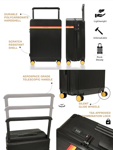 Image of FUR JADEN The Aviator 65cm German Polycarbonate Travel Luggage Check-in Suitcase with 8 StealthTech Silent Shock Absorbing Wheels, TSA Lock & Aerospace Grade Wide Handle (Stark Black, Check-in 24 inch)