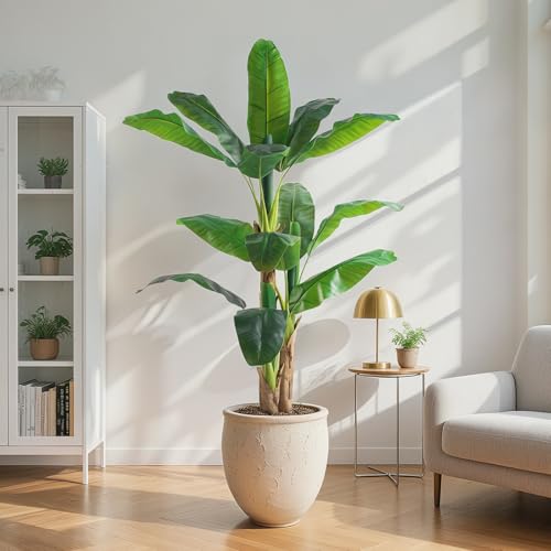 Image of 5ft Extra Tall Artificial Banana Tree, Fake Banana Leaf Plant with 12 Faux Banana Leaves, Perfect for Home Indoor Outdoor Patio Office Tropical Decor