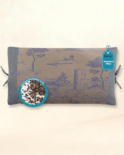 Edomi Adjustable Buckwheat Pillows for Sleeping,23.6'x13.7' Breathable Cool Neck Pillow for Bed with Buckwheat Hulls, Cervical Support Thin Pillow for Neck Pain with Dual-Layer Pillowcase,Brown