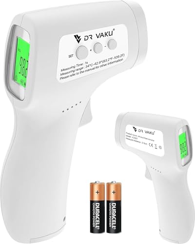 Image of DR VAKU Plastic Digital Thermometer For Fever Non-Contact Laser Infrared Forehead Thermometer Temperature Gun Accurate Reading with Large Display [Battery Included] - White