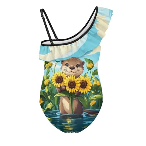 Image of Xpyiqun Swimsuits for Girls 3-14 1-Shoulder Ruffle Bathing Suit One Piece Adjustable Halter Swimming Wear