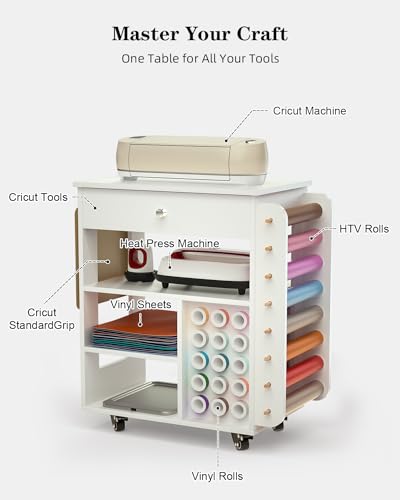Craft Cart and Storage Table for Cricut Crafters - Vinyl Roll Holder and Organizer