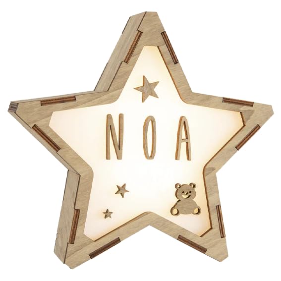 Lámpara LED mesita de noche. Luz nocturna infantil. Estrella de madera luminosa. Luces LED habitación. Regalo bebé. Baby shower. Decoracion cumpleaños. Lámpara personalizada con nombre. Osito